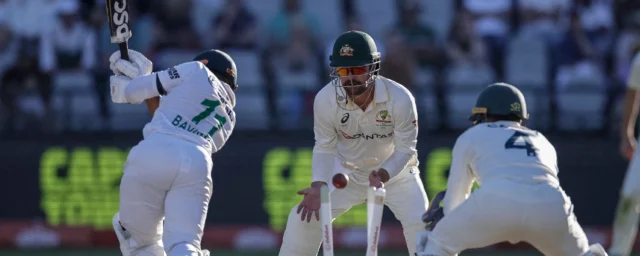 South Africa's Temba Bavuma is bowled by Australia's Nathan Lyon.
