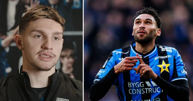 Bjerkebo i intervju bredvid en fotbollsspelare i blåsvart matchtröja