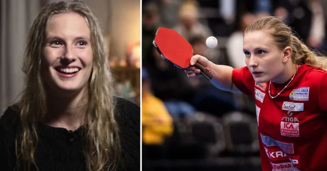 Siri Benjegård i porträtt och i pingismatch med racket i handen