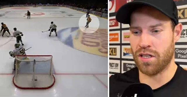 Oscar Lindberg intervjuas om sin powerplaysuccé, med matchbild i bakgrunden