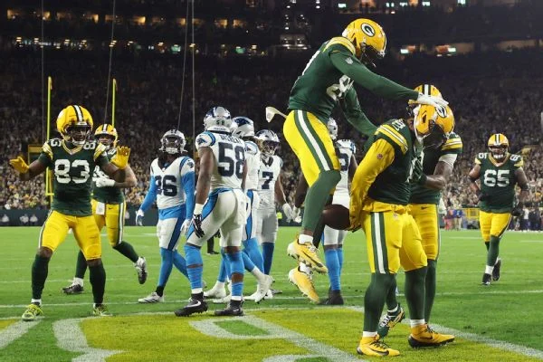 Packers running back Josh Jacobs celebrates his second-quarter touchdown, which he said afterward was an ode to the gospel song "Break Every Chain."