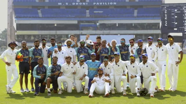 Jharkhand's players and staff get together after handing Nagaland an innings defeat
