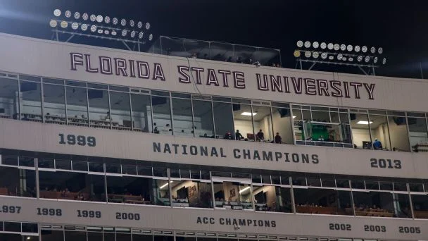A general view of the press box with several lights out due to a power outage inside of Doak S. Campbell Stadium on Bobby Bowden Field during the entire game between the Florida State Seminoles and SMU Mustangs at Doak S. Campbell Stadium.