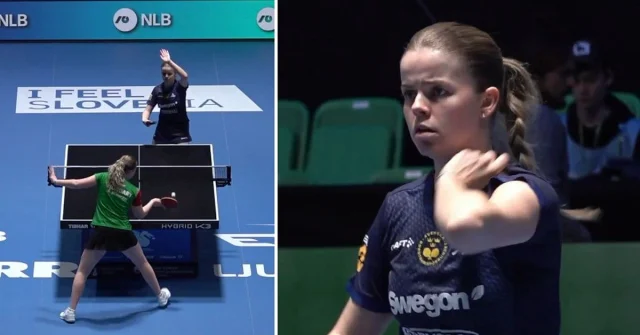 Filippa Bergand i pingismatch, reagerar mot blixt från läktaren