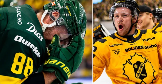 Skellefteåspelare jublar efter mål mot Björklöven, Arvid Lundberg i bild.