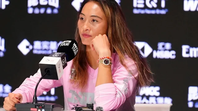 Qinwen Zheng reacts after making history for her country at the China Open