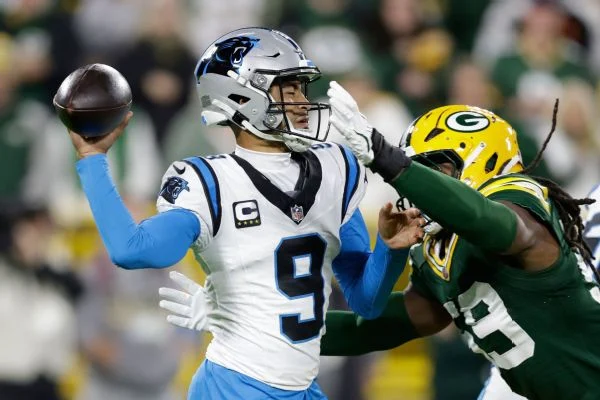 Panthers quarterback Bryce Young was pressured on 48.9% of his dropbacks and took six sacks against the Packers.