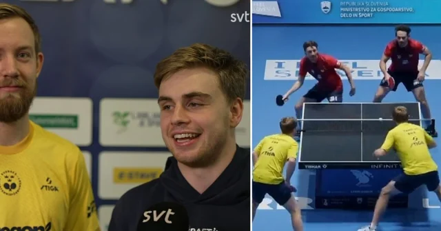 Elias Ranefur och Truls Möregårdh i EM-match, med en retur i spel.