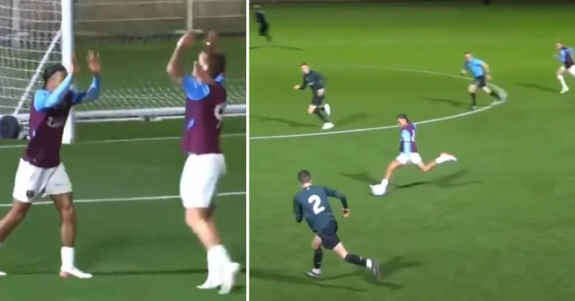 Spelare firar efter mål från egen planhalva i fotbollsmatch