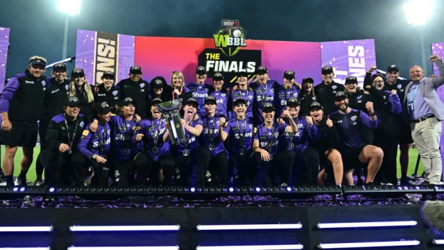 Hobart Hurricanes celebrate their maiden WBBL win