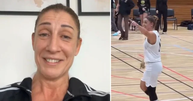 Nina Baresso skjuter en trepoängare från halva plan i basketmatchen
