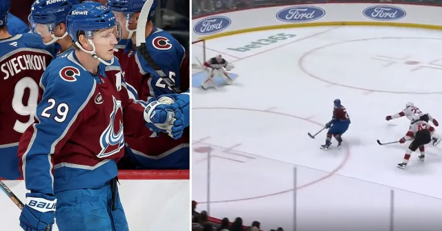 Nathan MacKinnon firar efter soloräd mot New Jersey i NHL