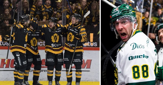 Skellefteåspelare jublar och Björklövens nummer 88 i närbild efter Västerbotten-derbyt