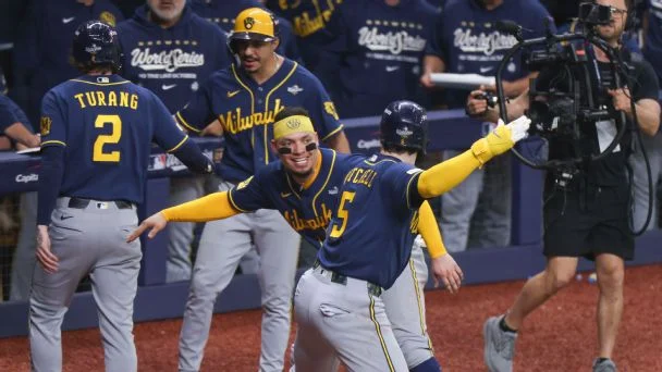 The Milwaukee Brewers celebrate during their eight-run fifth inning in Game 3 of the World Series.
