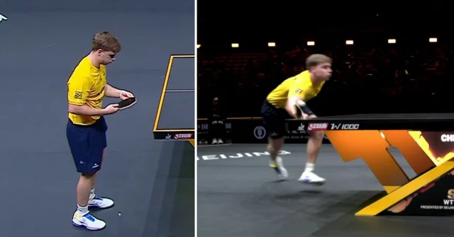 Truls Möregårdh slår sönder sitt racket under matchen och byter racket tidigt.