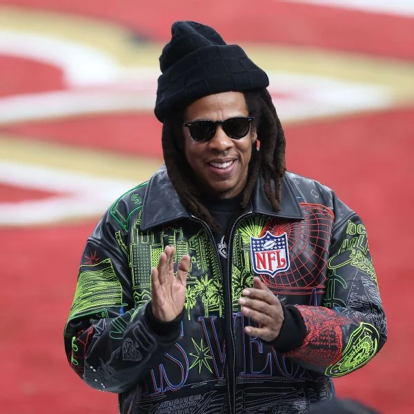 Jay-Z reacts before Super Bowl LVIII between the San Francisco 49ers and Kansas City Chiefs.
