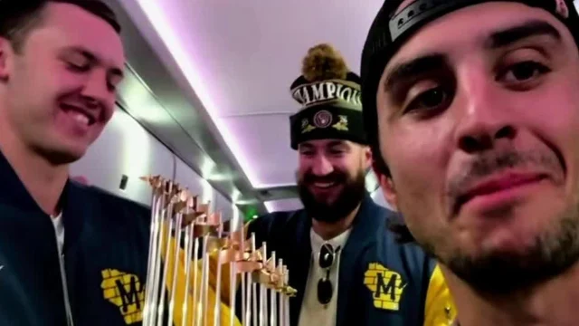 World Series champs Sal Frelick and Jacob Misiorowski show off trophy on 'SportsCenter'